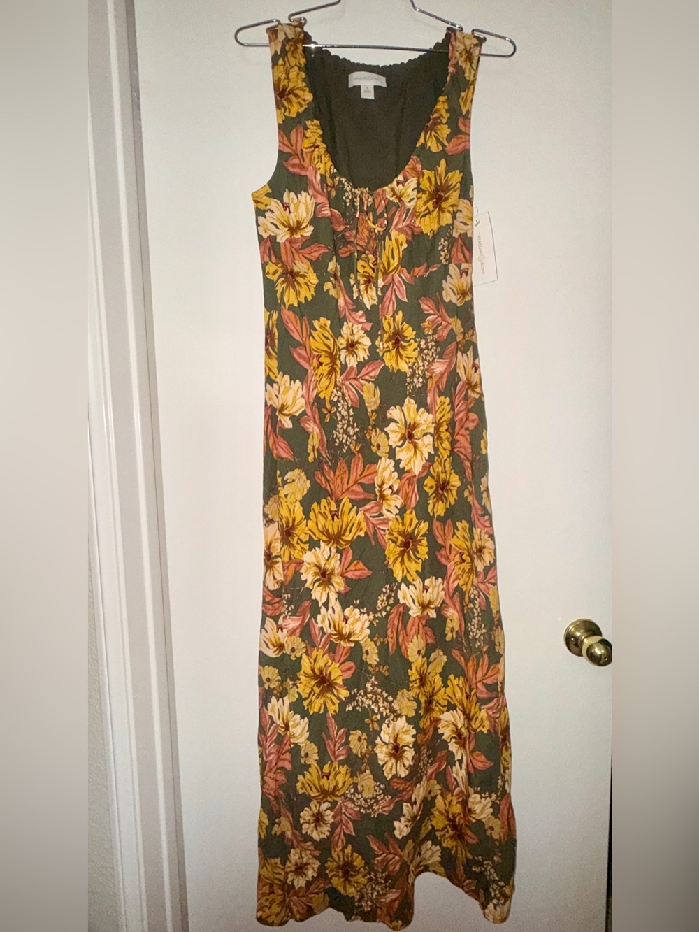 Sleeveless Floral Maxi Dress in Olive with Mustard & Rust Accents